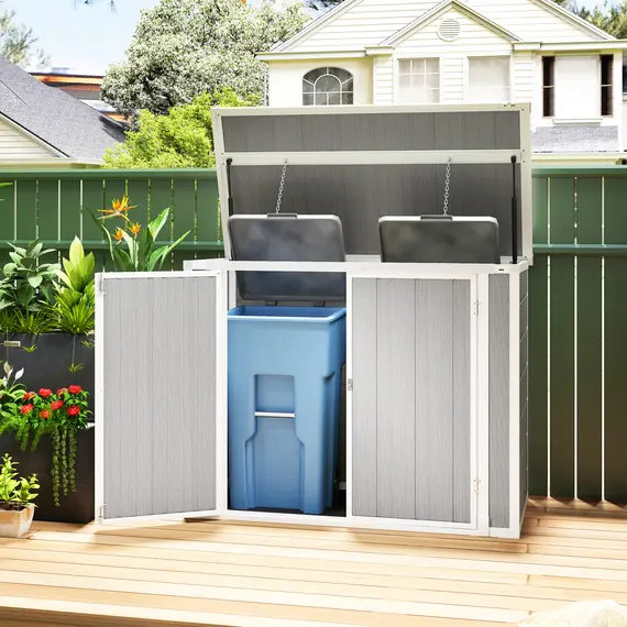 Buy 4.7 x 2.5FT Garden Shed, Lockable Outdoor Storage Shed with Openable Lid, Small Shed for 2 Trash Cans, Tools, Patio, Light Grey, 2 image