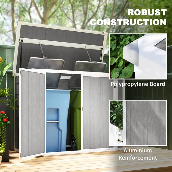 Buy 4.7 x 2.5FT Garden Shed, Double Bin Storage Shed with Lockable Doors, Outdoor Small Shed with Openable Lid for 2 Trash Cans, Garden Tools, Grey, 7 image