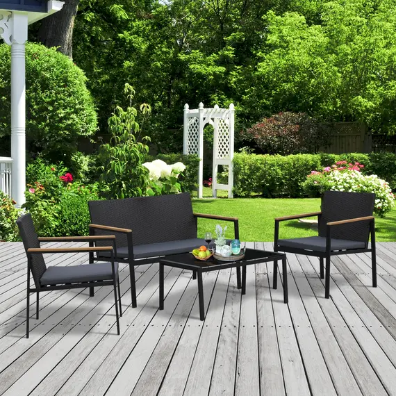 Buy 4 Pieces Rattan Garden Furniture Set, 4 Seater Garden Sofa Set with Loveseat, 2 Armchairs and Glass Top Coffee Table, Wicker Outdoor Conservatory Furniture with Cushions for Patio, Black, 2 image