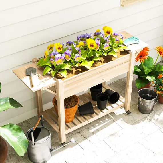 Buy 46 x 94cm Wooden Raised Planter, with Shelves - Natural Finish, 9 image