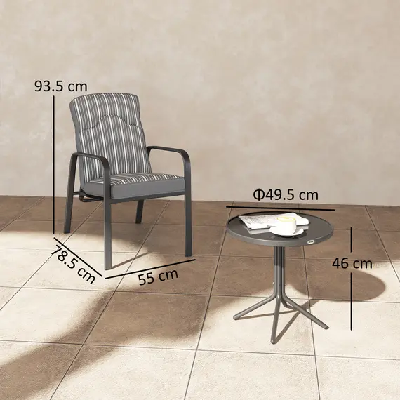 Buy 3-Piece Patio Bistro Set, 5-Position Adjustable Recliner Garden Chairs and Tempered Glass Table, Garden Furniture Set with Cushions, High Back, Armrests, Metal Frame for Balcony Patio, Grey, 3 image