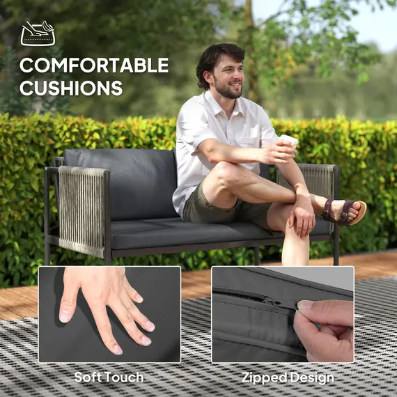 Buy 4 Piece Rattan Garden Furniture Set, 4 Seater Wicker Outdoor Furniture Set with 2 Armchairs, Loveseat, Glass Top Coffee Table and Cushions for Balcony, Porch, Grey, 6 image