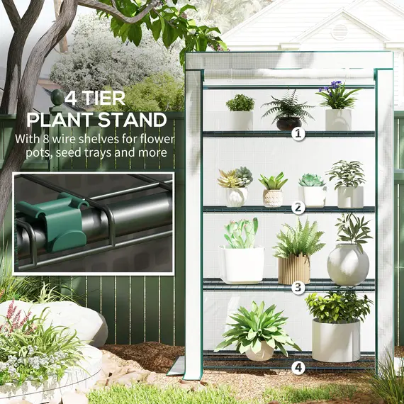Buy 4 Tier Lean-to Mini Greenhouse with Reinforced PE Cover, Portable Small Greenhouse with Roll-Up Door, Green Hemmed Edging, 110 x 50 x 171cm, Green, 5 image