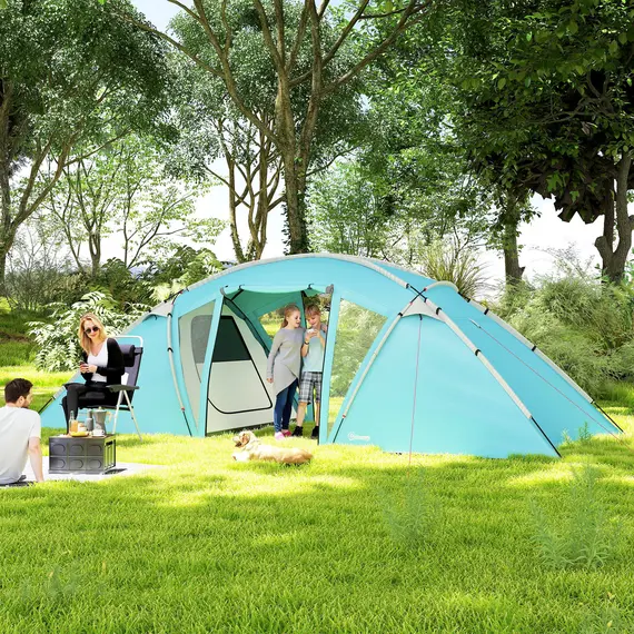 Buy 4-6 Man Family Camping Tent w/ 2 Bedrooms and a Living Room, Waterproof Tunnel Tent w/ Sewn In Groundsheet, Doors, Windows, Carry Bag, Blue, 2 image