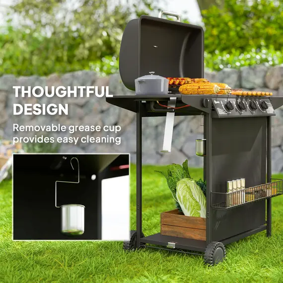 Buy 4+1 Burner Gas BBQ Grill, Portable Gas Barbecue Grill with Built-in Thermometer, Lid, Side Table, Shelf, Spice Rack, Wheels, Grease Cup for Garden Party Outdoor Cooking, Black, 7 image
