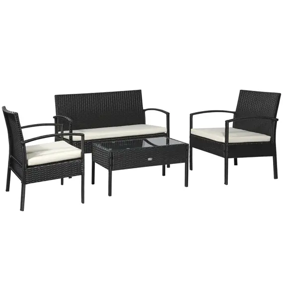 Buy 4 Pieces Rattan Garden Furniture Set, 4 Seater Garden Sofa Set with Loveseat, Armchairs and Glass Top Table, Wicker Conservatory Furniture with Cushions for Patio, Balcony, Black