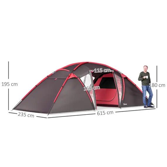 Buy 4-6 Man Family Camping Tent w/ 2 Bedrooms and a Living Room, Waterproof Tunnel Tent w/ Sewn In Groundsheet, Doors, Windows, Carry Bag, Grey, 3 image