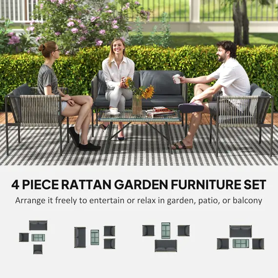 Buy 4 Piece Rattan Garden Furniture Set, 4 Seater Wicker Outdoor Furniture Set with 2 Armchairs, Loveseat, Glass Top Coffee Table and Cushions for Balcony, Porch, Grey, 4 image