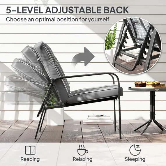 Buy 3-Piece Patio Bistro Set, 5-Position Adjustable Recliner Garden Chairs and Tempered Glass Table, Garden Furniture Set with Cushions, High Back, Armrests, Metal Frame for Balcony Patio, Grey, 4 image