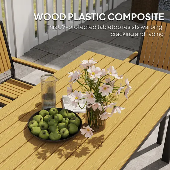 Buy 6 Seater Garden Dining Set with Stackable Chairs, Aluminium Frame, Rectangular Plastic Top, Garden Furniture Set, Outdoor Dining Table and Chairs for Patio, Balcony, Poolside, Nature Wood, 6 image