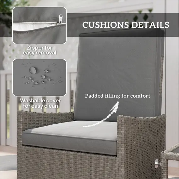 Buy 5 Piece Rattan Garden Furniture Set, Wicker Patio Sofa Set with 2 Armchairs, 2 Footstools, Glass Top Coffee Table with Shelf, Outdoor Furniture with Adjustable Backrests, Cushions, Dark Grey, 6 image