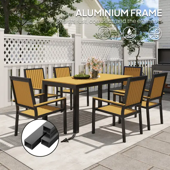 Buy 6 Seater Garden Dining Set with Stackable Chairs, Aluminium Frame, Rectangular Plastic Top, Garden Furniture Set, Outdoor Dining Table and Chairs for Patio, Balcony, Poolside, Nature Wood, 4 image