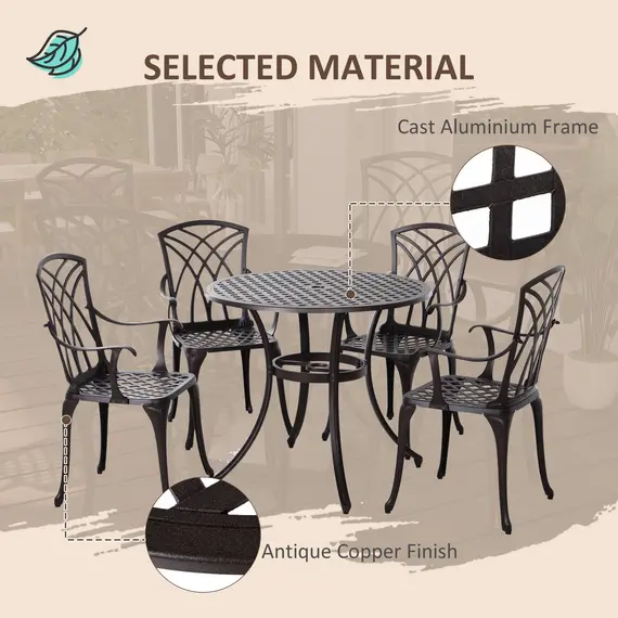 Buy 5 Pieces Garden Dining Set for 4, Cast Aluminium Outdoor Dining Set with 4 Armchairs and Round Dining Table with Parasol Hole, Garden Furniture Set, Brown, 7 image