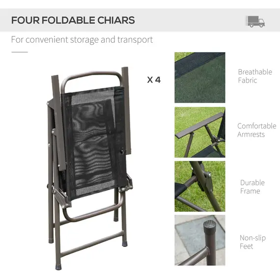 Buy 6 Piece Garden Dining Set with Umbrella, Patio Sets with Parasol with 4 Folding Dining Chairs & Round Tempered Glass Table, Black, 7 image