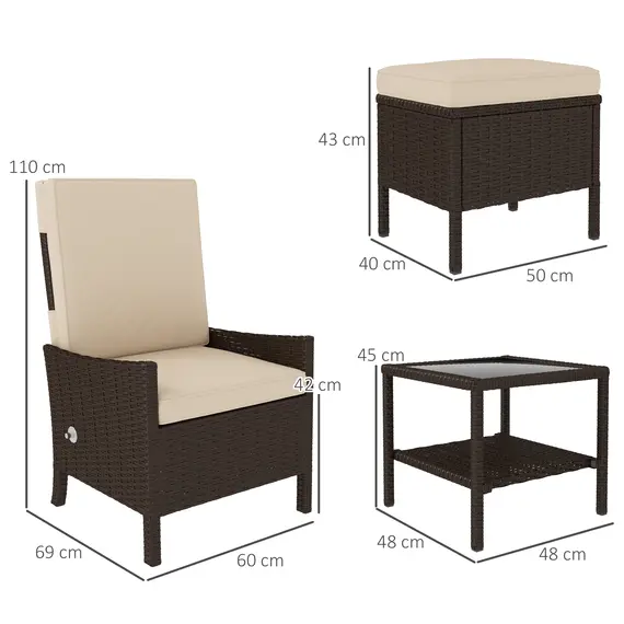 Buy 5 Piece Rattan Garden Furniture Set, Wicker Patio Sofa Set with 2 Armchairs, 2 Footstools, Glass Top Coffee Table with Shelf, Outdoor Furniture with Adjustable Backrests, Cushions, Khaki, 3 image