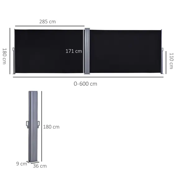 Buy 600 x 180 cm (HxL) Retractable Awning Double Canopy Side Privacy Protection Sun Shade Side Blind w/ Steel Frame Versatile Use In Garden Patio - Black, 3 image