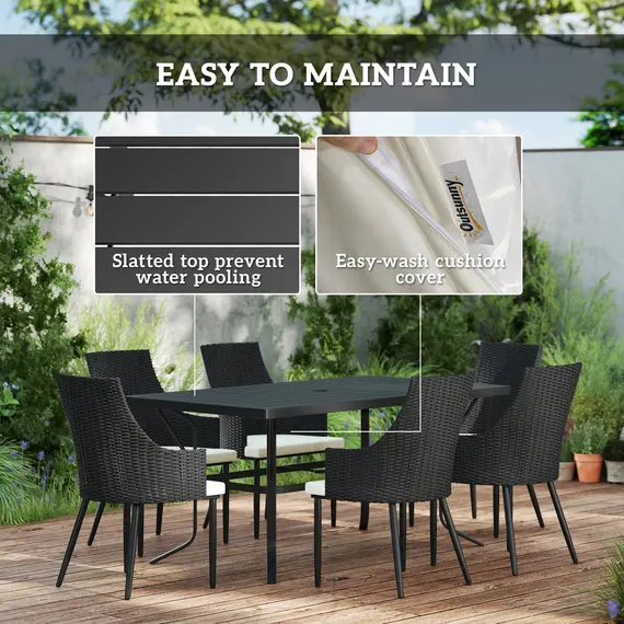 Buy 6 Seater Rattan Dining Set with Cushions, Garden Furniture Set with Armchairs, Rectangle Slatted Table Top, Steel Frame, Parasol Hole, Wicker Outdoor Furniture for Patio, Balcony, Cream White, 7 image