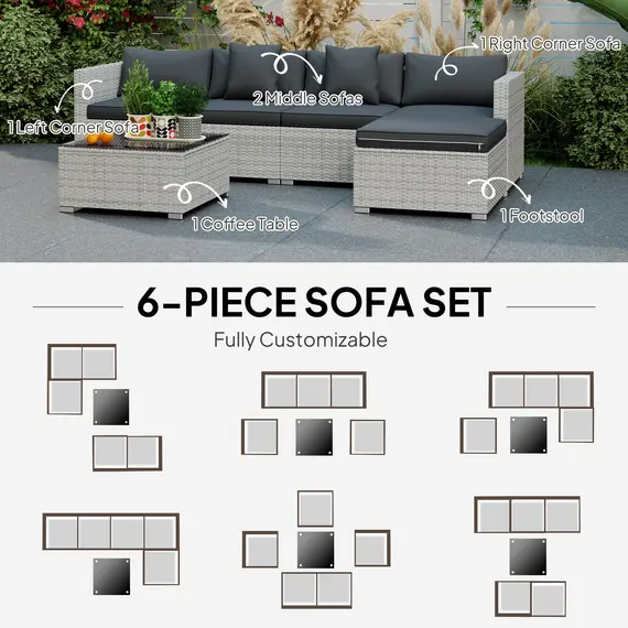 Buy 6 Pieces Rattan Corner Sofa Set - Mixed Grey, 7 image