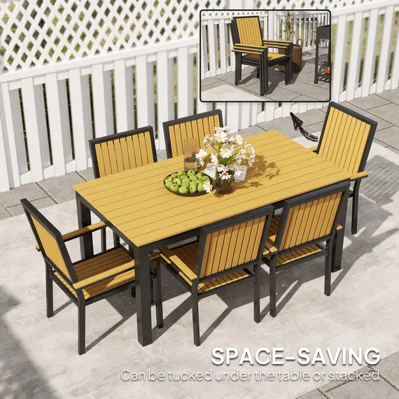 Buy 6 Seater Garden Dining Set with Stackable Chairs, Aluminium Frame, Rectangular Plastic Top, Garden Furniture Set, Outdoor Dining Table and Chairs for Patio, Balcony, Poolside, Nature Wood, 5 image