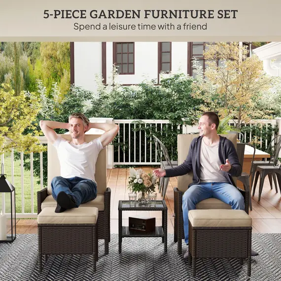 Buy 5 Piece Rattan Garden Furniture Set, Wicker Patio Sofa Set with 2 Armchairs, 2 Footstools, Glass Top Coffee Table with Shelf, Outdoor Furniture with Adjustable Backrests, Cushions, Khaki, 4 image