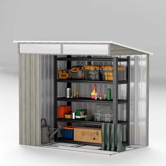 Buy 6.5 x 4FT Galvanised Metal Shed with Foundation Kit, Lockable Tool Garden Shed with Double Sliding Doors, Vents, Light Grey Wood Effect, 8 image