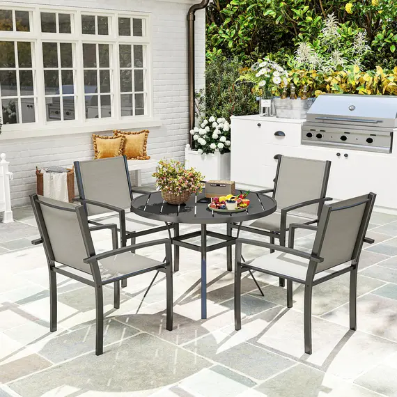 Buy 5 Piece Garden Furniture Set, Garden Dining Set with Round Table and 4 Stackable Chairs, Steel Frame, for Outdoor, Patio, Terraces, Dark Grey, 2 image