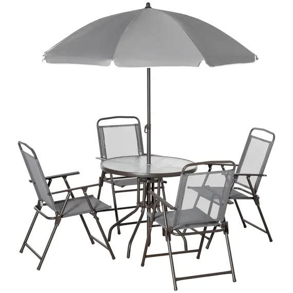 Buy 6 Piece Garden Dining Set with Umbrella, Outdoor Dining Sets with Parasol, 4 Folding Dining Chairs & Round Tempered Glass Table, Grey