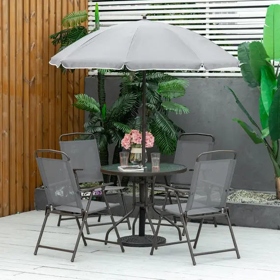 Buy 6 Piece Garden Dining Set with Umbrella, Outdoor Dining Sets with Parasol, 4 Folding Dining Chairs & Round Tempered Glass Table, Grey, 2 image
