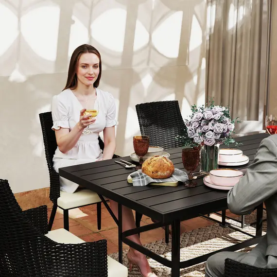 Buy 6 Seater Rattan Dining Set with Cushions, Garden Furniture Set with Armchairs, Rectangle Slatted Table Top, Steel Frame, Parasol Hole, Wicker Outdoor Furniture for Patio, Balcony, Cream White, 9 image