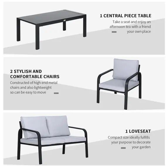 Buy 4pcs Garden Sofa Set 2 Single Armchair, 1 Bench & 1 Coffee Table Set Aluminum Frame Patio Furniture with Cushions, Black, 6 image