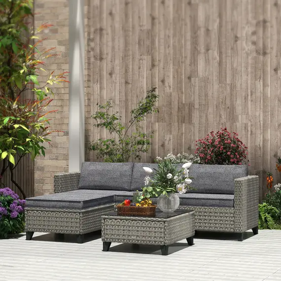 Buy 5-Piece Rattan Patio Furniture Set with Corner Sofa, Footstools, Coffee Table, for Poolside, Dark Grey, 9 image