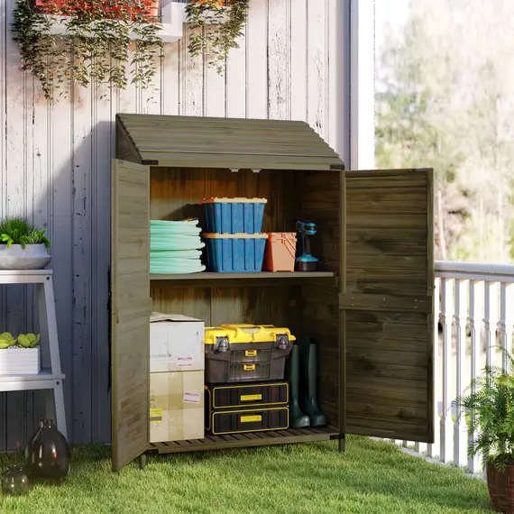Buy 59 x 103.5 cm Two-Tier Wooden Garden Shed - Green, 8 image