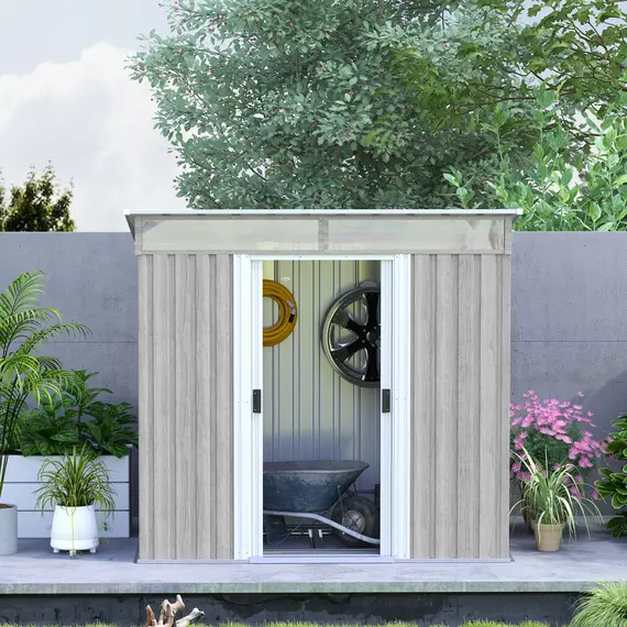 Buy 6.5 x 4FT Galvanised Metal Shed with Foundation Kit, Lockable Tool Garden Shed with Double Sliding Doors, Vents, Light Grey Wood Effect, 9 image