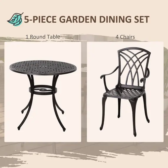 Buy 5 Pieces Garden Dining Set for 4, Cast Aluminium Outdoor Dining Set with 4 Armchairs and Round Dining Table with Parasol Hole, Garden Furniture Set, Brown, 4 image