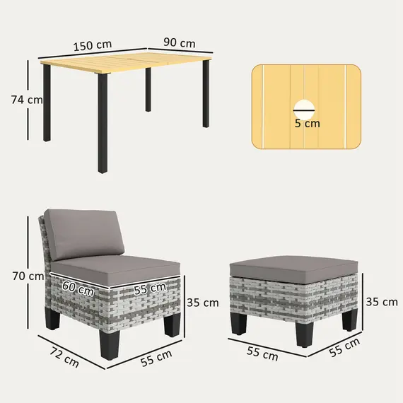 Buy 7-Piece Rattan Garden Dining Set, 6 Seater Wicker Garden Furniture Set with Seat and Back Cushions, Umbrella Hole, Patio Table and Chairs with Slatted Metal Top Table for Balcony, Grey, 3 image