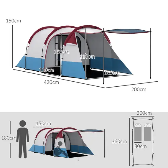 Buy Camping Tent, Large Tunnel Tent with Bedroom and Living Area, 2000mm Waterproof, Portable with Bag for 2-3 Man, Red, 3 image