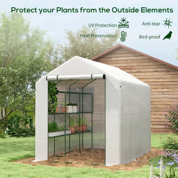 Buy 8 x 6ft Walk-In Greenhouse, with Shelves - White, 4 image