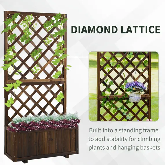 Buy 72.5 x 31.5 x 149.5 cm 45L Garden Wooden Pine Trough Planter with Topped Trellis Climbing Plants Flower Raised Bed, Carbonised Finish, 4 image