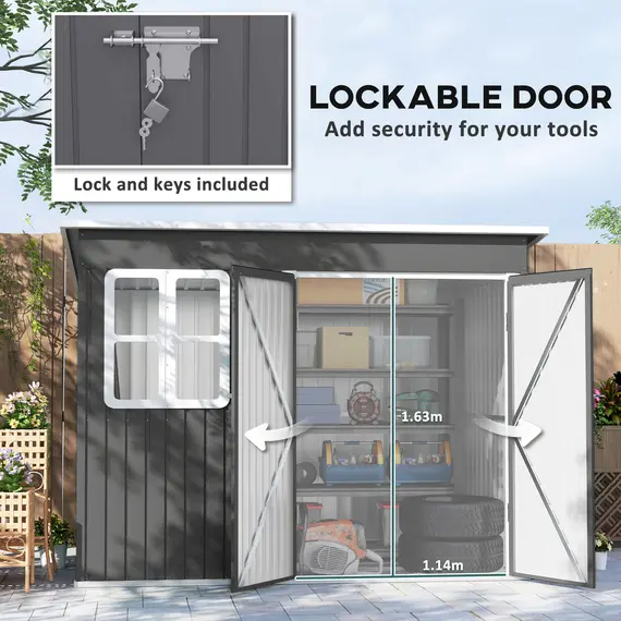 Buy 8.5 x 6ft Storage Shed Galvanised Steel Garden Shed, Metal Shed with Foundation Kit, Window, Lockable Wide Doors and Air Vents for Outdoor Patio, Dark Grey, 6 image