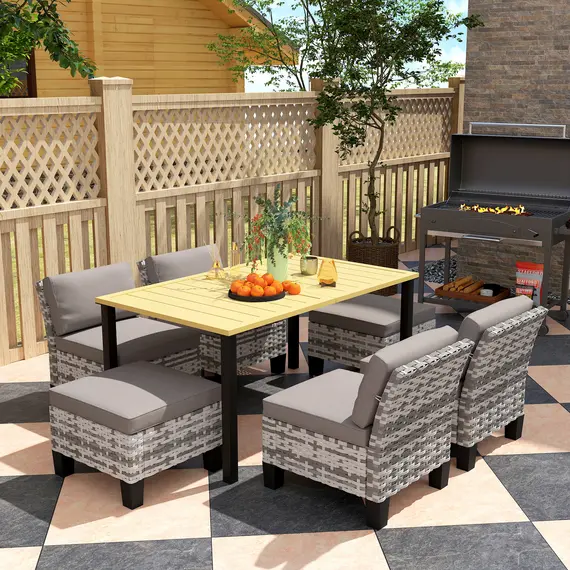 Buy 7-Piece Rattan Garden Dining Set, 6 Seater Wicker Garden Furniture Set with Seat and Back Cushions, Umbrella Hole, Patio Table and Chairs with Slatted Metal Top Table for Balcony, Grey, 2 image