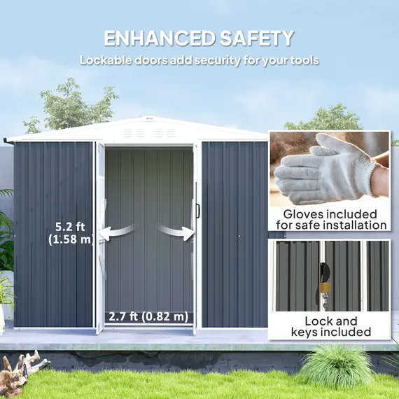 Buy 8 x 4 ft Metal Garden Shed, Garden Storage Shed with Window, 4 Vents and Lockable Door, Waterproof Galvanised Steel Tool Storage Shed, Dark Grey, 5 image