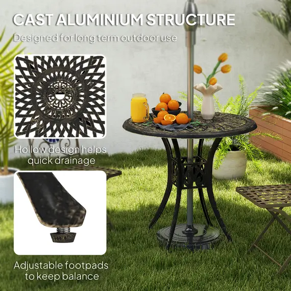Buy 78 cm Round Garden Dining Table with Parasol Hole Antique Cast Aluminium Outdoor Table Only, Bronze Tone, 4 image