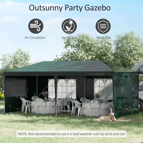 Buy 6x3 m Party Tent Gazebo Marquee Outdoor Patio Canopy Shelter with Windows and Side Panels, Green, 4 image