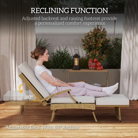 Buy 80° Reclining Rattan Lounger - White/Beige, 4 image