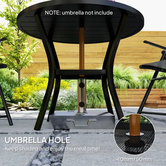 Buy 90 cm Garden Dining Table with 4-5 cm Parasol Hole, Round Outdoor Dining Table, Steel Garden Table with Slatted Metal Top and Wire Shelf for Balcony, Porch, Black, 5 image