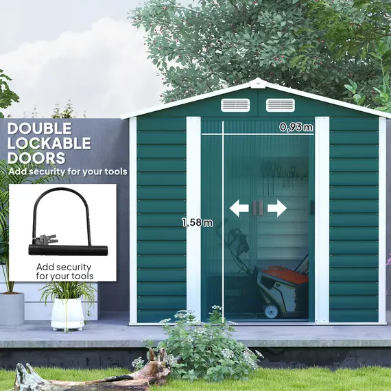 Buy 7 x 4ft Garden Shed, Easy to Assemble, Upgraded Galvanised Steel Frame with Foundation Kit, Double Doors with Lock, Outdoor Metal Shed with Vents and Gloves, Garden Storage Shed, Green, 5 image