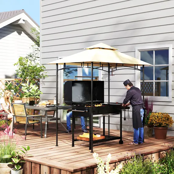 Buy 8' x 5' Grill Gazebo, Double Tiered BBQ Gazebo Shelter Canopy with LED Lights, 2 Side Shelves, Hooks, Beige, 9 image