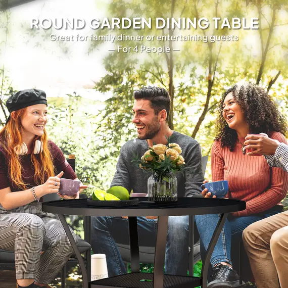 Buy 90 cm Garden Dining Table with 4-5 cm Parasol Hole, Round Outdoor Dining Table, Steel Garden Table with Slatted Metal Top and Wire Shelf for Balcony, Porch, Black, 4 image
