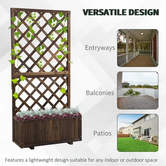 Buy 72.5 x 31.5 x 149.5 cm 45L Garden Wooden Pine Trough Planter with Topped Trellis Climbing Plants Flower Raised Bed, Carbonised Finish, 6 image