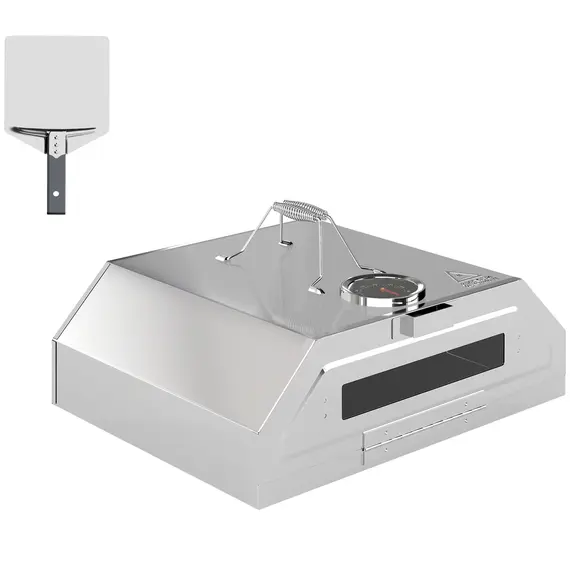 Buy 8 in Portable Stainless Steel BBQ Grill Top Pizza Oven with Built-in Thermometer and Viewing Window for Gas and Charcoal BBQ Grills, Includes Carry Handles, Pizza Stone and Peel, Silver Tone